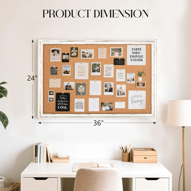 Alt view image 3 of 7 - Cork Board Bulletin Board, 36"x24" Corkboard for Wall Rustic White Wooden Frame, Decorative Pin Board, Message Board, Notice Board, Vision Board for Home, Office, Kitchen