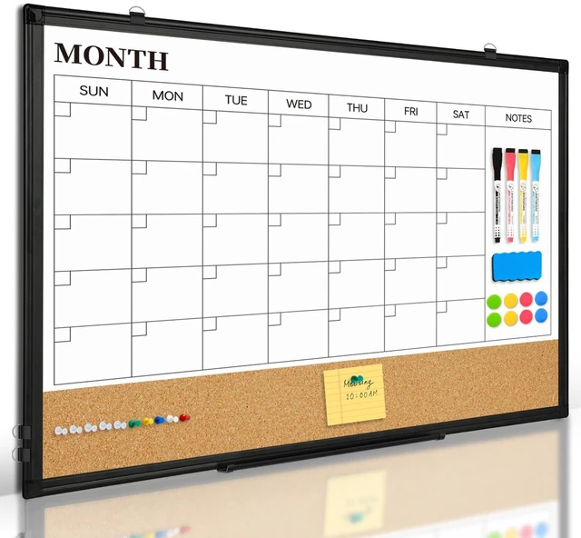 Main image of Monthly Dry Erase Calendar Whiteboard with Corkboard, 30" x 20", Black Magnetic, White Board Cork Board Combo, Double Sided, Wall Mounted, Aluminum Frame, for Home, Office, Kitchen, Dorm