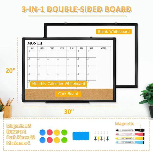 Alt view image 2 of 7 - Monthly Dry Erase Calendar Whiteboard with Corkboard, 30" x 20", Black Magnetic, White Board Cork Board Combo, Double Sided, Wall Mounted, Aluminum Frame, for Home, Office, Kitchen, Dorm