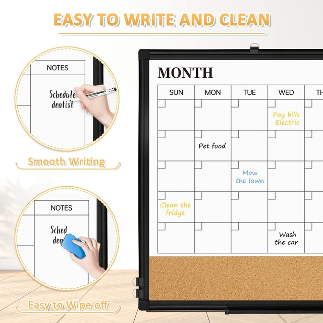 Alt view image 3 of 7 - Monthly Dry Erase Calendar Whiteboard with Corkboard, 30" x 20", Black Magnetic, White Board Cork Board Combo, Double Sided, Wall Mounted, Aluminum Frame, for Home, Office, Kitchen, Dorm