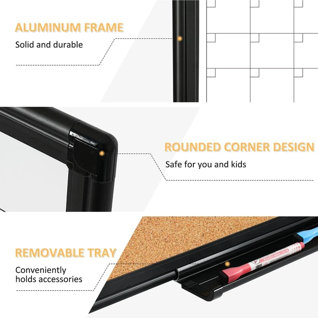 Alt view image 6 of 7 - Monthly Dry Erase Calendar Whiteboard with Corkboard, 30" x 20", Black Magnetic, White Board Cork Board Combo, Double Sided, Wall Mounted, Aluminum Frame, for Home, Office, Kitchen, Dorm