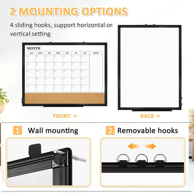Alt view image 5 of 7 - Monthly Dry Erase Calendar Whiteboard with Corkboard, 30" x 20", Black Magnetic, White Board Cork Board Combo, Double Sided, Wall Mounted, Aluminum Frame, for Home, Office, Kitchen, Dorm