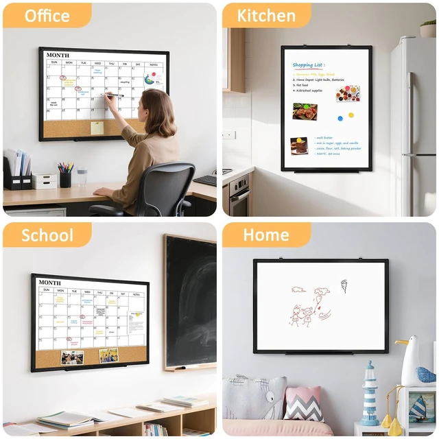 Alt view image 7 of 7 - Monthly Dry Erase Calendar Whiteboard with Corkboard, 30" x 20", Black Magnetic, White Board Cork Board Combo, Double Sided, Wall Mounted, Aluminum Frame, for Home, Office, Kitchen, Dorm