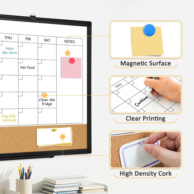 Alt view image 4 of 7 - Monthly Dry Erase Calendar Whiteboard with Corkboard, 30" x 20", Black Magnetic, White Board Cork Board Combo, Double Sided, Wall Mounted, Aluminum Frame, for Home, Office, Kitchen, Dorm
