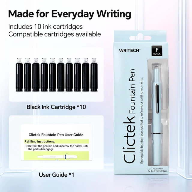 Alt view image 5 of 7 - Clictek Fountain Pen Fine: Retractable Black Ink with 10 Cartridges Refillable Design No leaking Smooth Writing for Calligraphy Sketching Journaling Note-taking Office School Home Gift