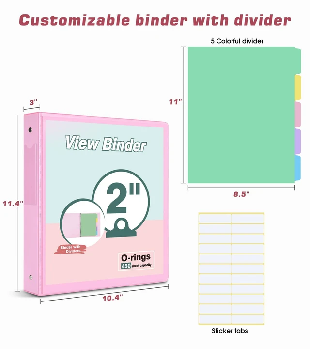 Alt view image 2 of 7 - 3 Ring Binder 2 inchCute Binder Organizer with 5 Tab Dividers Fits 175 Sheets of 8.5x11 Paper, Customizable Clear Cover with Inside Pockets, Aesthetic 2" Three Ring Binders for School OfficePink