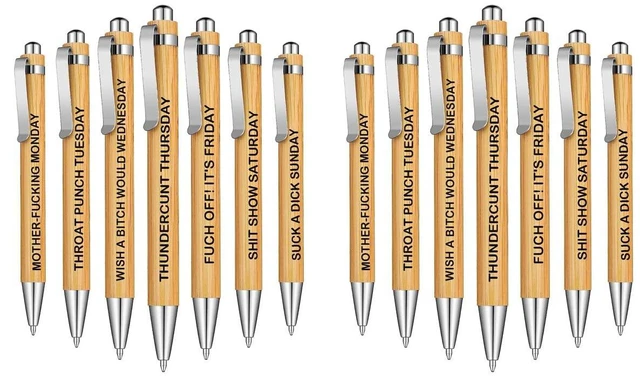 Main image of 14-Piece Funny Bamboo Pen Set for Sarcastic Souls, Unique Days of The Week Mood Ballpoint Pens with Engraved Humorous Quotes, Excellent Gift for Office, Friends, and Coworkers