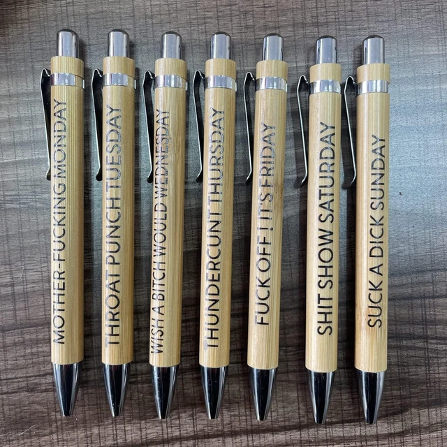 Alt view image 4 of 6 - 14-Piece Funny Bamboo Pen Set for Sarcastic Souls, Unique Days of The Week Mood Ballpoint Pens with Engraved Humorous Quotes, Excellent Gift for Office, Friends, and Coworkers