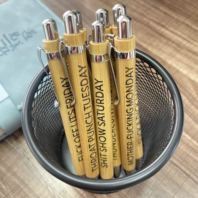 Alt view image 3 of 6 - 14-Piece Funny Bamboo Pen Set for Sarcastic Souls, Unique Days of The Week Mood Ballpoint Pens with Engraved Humorous Quotes, Excellent Gift for Office, Friends, and Coworkers