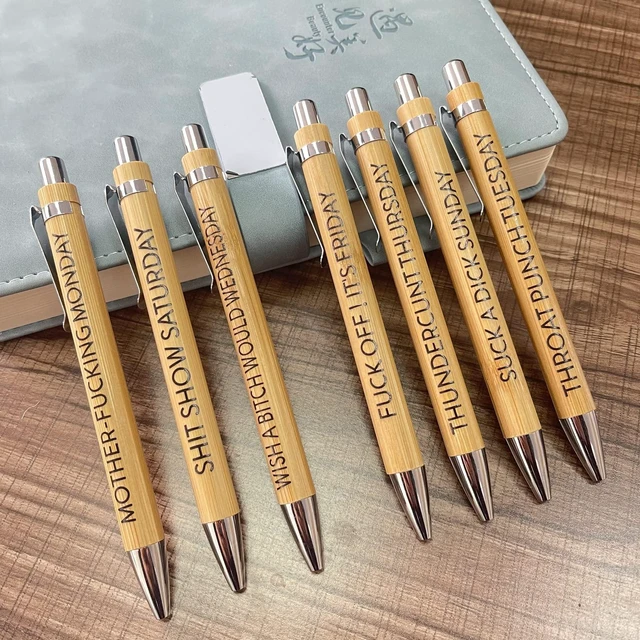 Alt view image 6 of 6 - 14-Piece Funny Bamboo Pen Set for Sarcastic Souls, Unique Days of The Week Mood Ballpoint Pens with Engraved Humorous Quotes, Excellent Gift for Office, Friends, and Coworkers