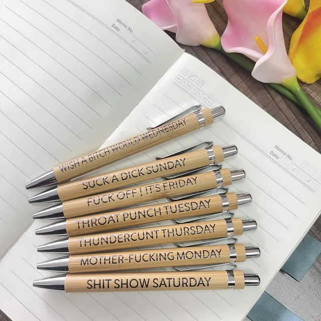 Alt view image 5 of 6 - 14-Piece Funny Bamboo Pen Set for Sarcastic Souls, Unique Days of The Week Mood Ballpoint Pens with Engraved Humorous Quotes, Excellent Gift for Office, Friends, and Coworkers