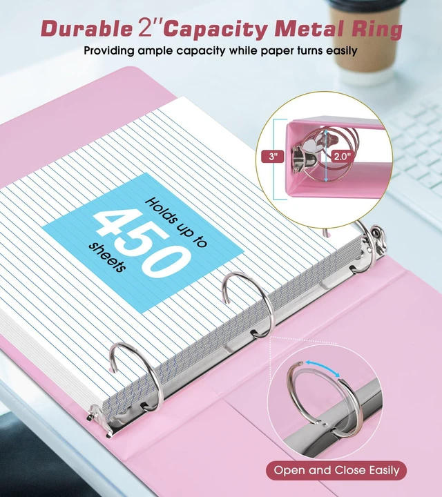 Alt view image 4 of 7 - 3 Ring Binder 2 inchCute Binder Organizer with 5 Tab Dividers Fits 175 Sheets of 8.5x11 Paper, Customizable Clear Cover with Inside Pockets, Aesthetic 2" Three Ring Binders for School OfficePink