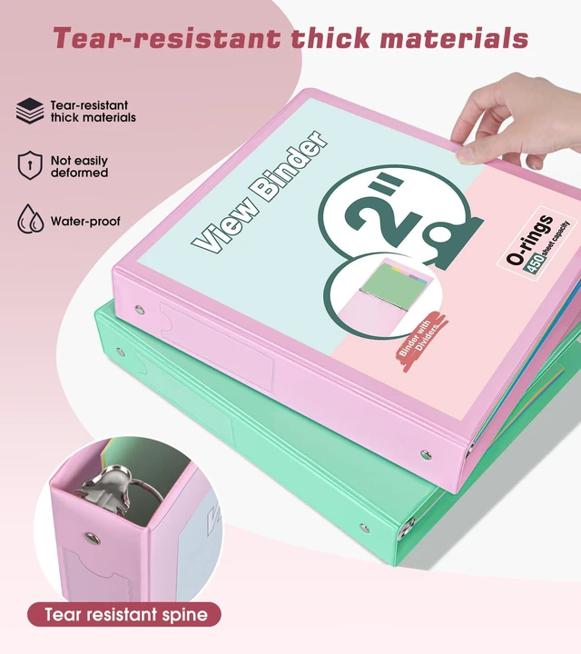 Alt view image 6 of 7 - 3 Ring Binder 2 inchCute Binder Organizer with 5 Tab Dividers Fits 175 Sheets of 8.5x11 Paper, Customizable Clear Cover with Inside Pockets, Aesthetic 2" Three Ring Binders for School OfficePink