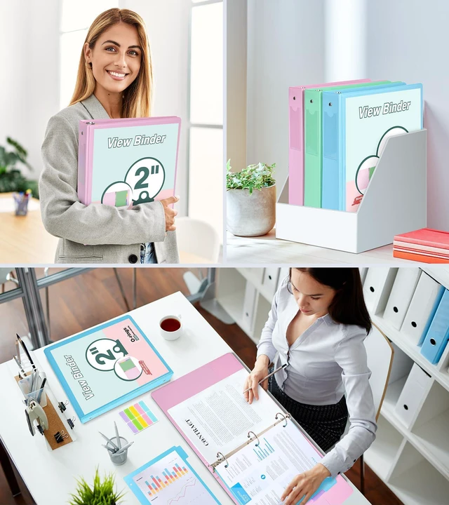 Alt view image 7 of 7 - 3 Ring Binder 2 inchCute Binder Organizer with 5 Tab Dividers Fits 175 Sheets of 8.5x11 Paper, Customizable Clear Cover with Inside Pockets, Aesthetic 2" Three Ring Binders for School OfficePink