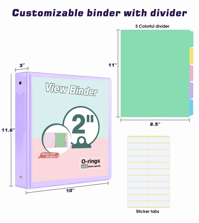 Alt view image 2 of 7 - 3 Ring Binder 2 inchCute Binder Organizer with 5 Tab Dividers Fits 175 Sheets of 8.5x11 Paper, Customizable Clear Cover with Inside Pockets, Aesthetic 2" Three Ring Binders for School OfficePurple