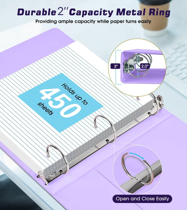 Alt view image 3 of 7 - 3 Ring Binder 2 inchCute Binder Organizer with 5 Tab Dividers Fits 175 Sheets of 8.5x11 Paper, Customizable Clear Cover with Inside Pockets, Aesthetic 2" Three Ring Binders for School OfficePurple