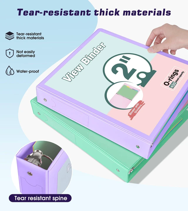 Alt view image 6 of 7 - 3 Ring Binder 2 inchCute Binder Organizer with 5 Tab Dividers Fits 175 Sheets of 8.5x11 Paper, Customizable Clear Cover with Inside Pockets, Aesthetic 2" Three Ring Binders for School OfficePurple