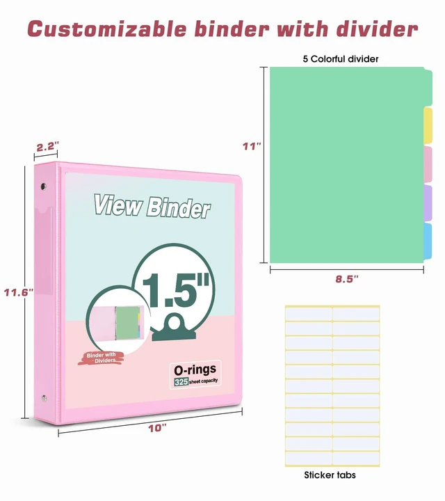 Alt view image 2 of 7 - 3 Ring Binder 1.5 inchCute Binder Organizer with 5 Tab Dividers Fits 175 Sheets of 8.5x11 Paper, Customizable Clear Cover with Inside Pockets, Aesthetic 1.5" Three Ring Binders for School OfficePink