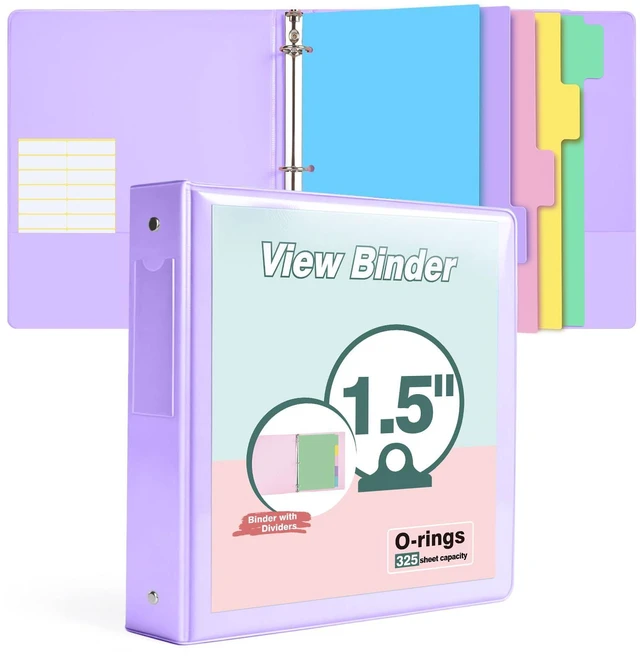 Main image of 3 Ring Binder 1.5 inchCute Binder Organizer with 5 Tab Dividers Fits 175 Sheets of 8.5x11 Paper,Customizable Clear Cover with Inside Pockets,Aesthetic 1.5" Three Ring Binders for School Office,Purple