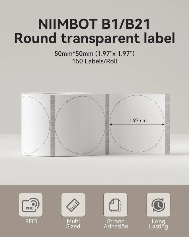 Alt view image 2 of 6 - Thermal Label 3 Rolls, Include 50×50mm1.97'' x 1.97'' Round Clear Compatible for B1 B2 B21 B31 K3 B4 Label Printer, Waterproof Labeling Tape Replacement
