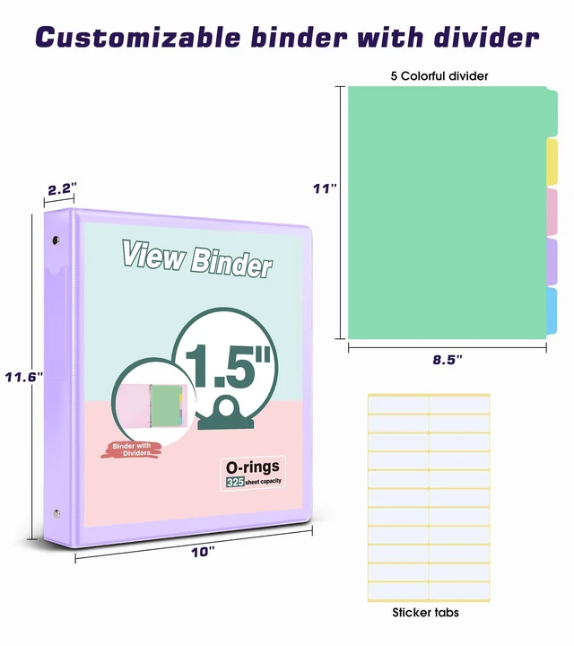 Alt view image 2 of 7 - 3 Ring Binder 1.5 inchCute Binder Organizer with 5 Tab Dividers Fits 175 Sheets of 8.5x11 Paper,Customizable Clear Cover with Inside Pockets,Aesthetic 1.5" Three Ring Binders for School Office,Purple