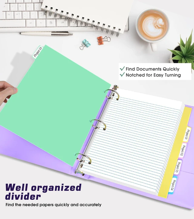 Alt view image 3 of 7 - 3 Ring Binder 1 inchCute Binder Organizer with 5 Tab Dividers Fits 175 Sheets of 8.5x11 Paper, Customizable Clear Cover with Inside Pockets, Aesthetic 1" Three Ring Binders for School OfficePurple