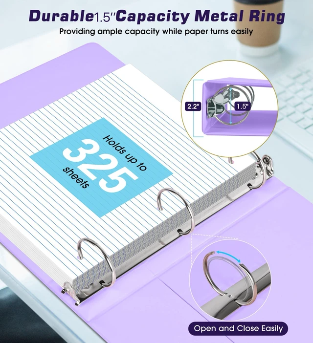Alt view image 4 of 7 - 3 Ring Binder 1.5 inchCute Binder Organizer with 5 Tab Dividers Fits 175 Sheets of 8.5x11 Paper,Customizable Clear Cover with Inside Pockets,Aesthetic 1.5" Three Ring Binders for School Office,Purple