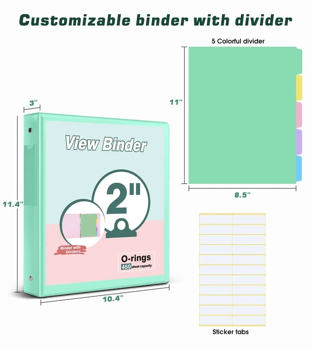 Alt view image 2 of 7 - 3 Ring Binder 2 inchCute Binder Organizer with 5 Tab Dividers Fits 175 Sheets of 8.5x11 Paper, Customizable Clear Cover with Inside Pockets, Aesthetic 2" Three Ring Binders for School OfficeGreen