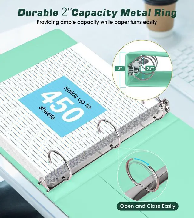 Alt view image 4 of 7 - 3 Ring Binder 2 inchCute Binder Organizer with 5 Tab Dividers Fits 175 Sheets of 8.5x11 Paper, Customizable Clear Cover with Inside Pockets, Aesthetic 2" Three Ring Binders for School OfficeGreen