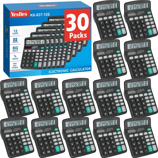 Main image of 30 Pack Calculator Bulk, 12 Digits Calculators Desktop with Large LCD Display and Sensitive Butto, Solar and Battery Dual Power, Desk Calculator