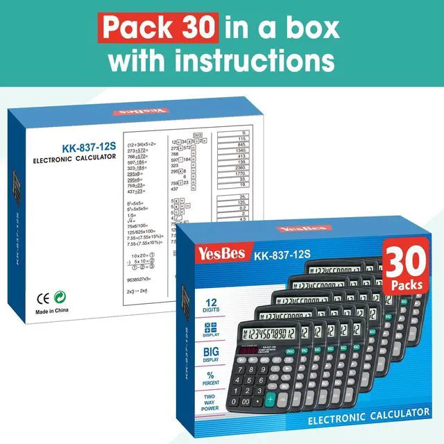 Alt view image 7 of 7 - 30 Pack Calculator Bulk, 12 Digits Calculators Desktop with Large LCD Display and Sensitive Butto, Solar and Battery Dual Power, Desk Calculator