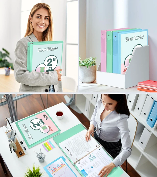 Alt view image 7 of 7 - 3 Ring Binder 2 inchCute Binder Organizer with 5 Tab Dividers Fits 175 Sheets of 8.5x11 Paper, Customizable Clear Cover with Inside Pockets, Aesthetic 2" Three Ring Binders for School OfficeGreen