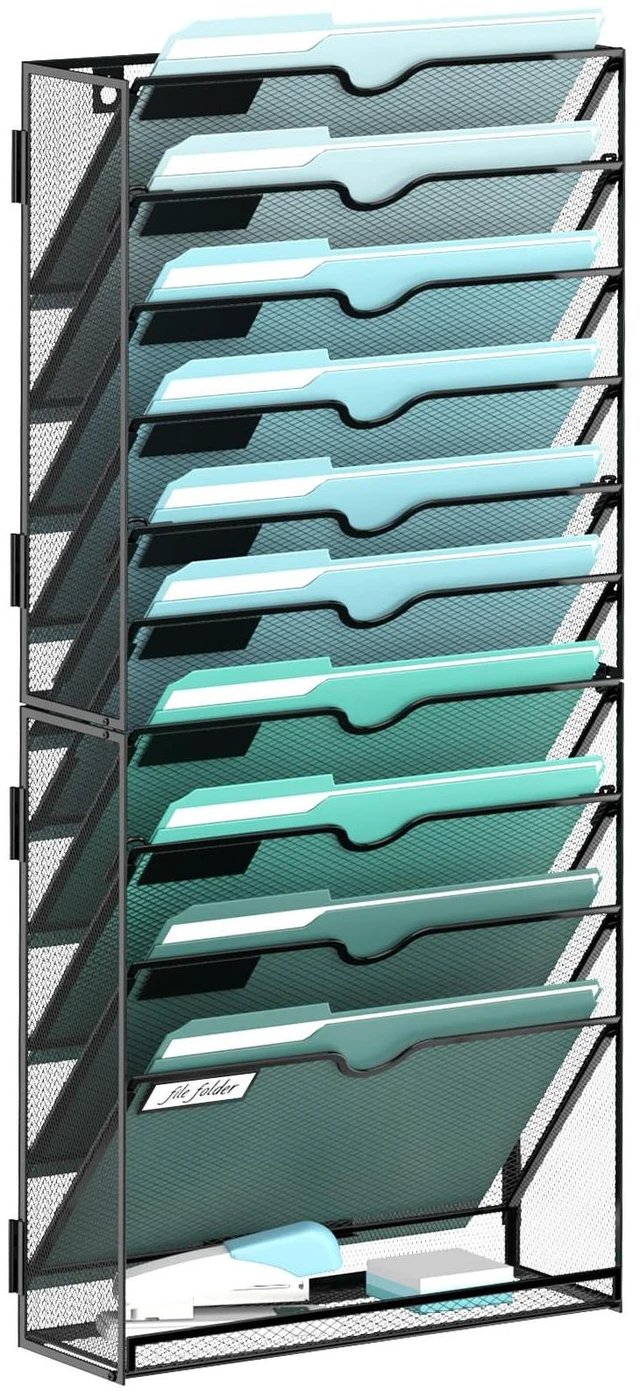 Main image of 11-Tier Wall File Organizer, Hanging File Holder, Wall Mounted Mail Sorter Metal Mesh Hanging File Organizer with Open Compartments and Label Panels for Papers and Folders at Home, Office or School
