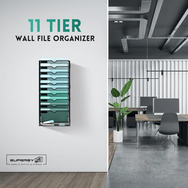 Alt view image 2 of 7 - 11-Tier Wall File Organizer, Wall Mounted Mail Sorter, 2 Pack Metal Mesh Hanging File Organizer with Open Compartments and Label Panels for Papers and Folders at Home, Office or School