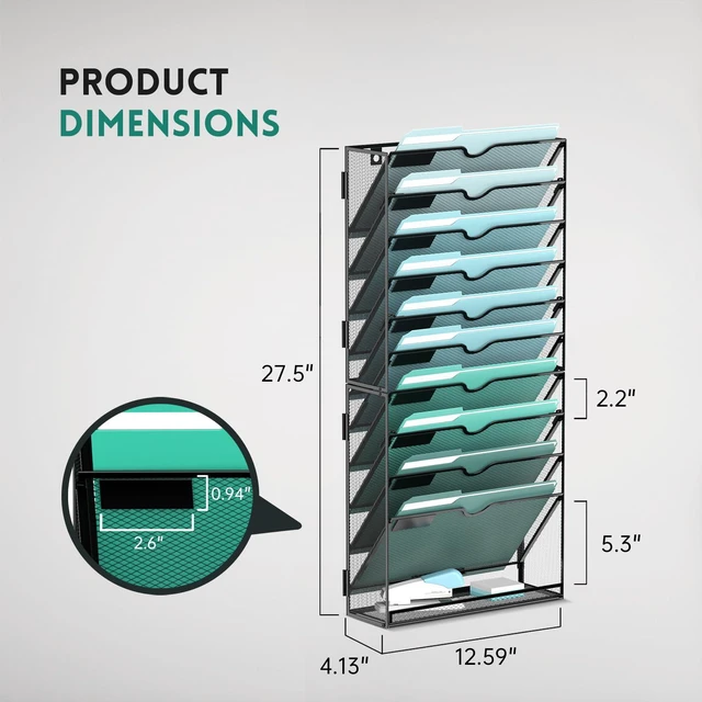 Alt view image 3 of 7 - 11-Tier Wall File Organizer, Wall Mounted Mail Sorter, 2 Pack Metal Mesh Hanging File Organizer with Open Compartments and Label Panels for Papers and Folders at Home, Office or School