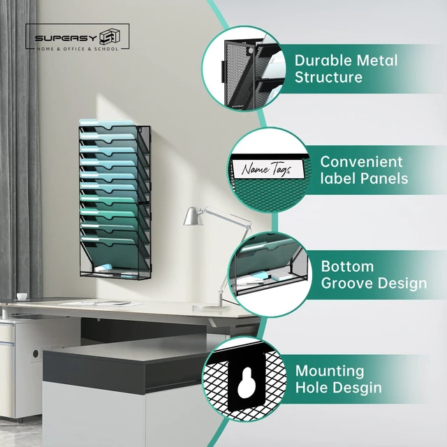 Alt view image 4 of 7 - 11-Tier Wall File Organizer, Wall Mounted Mail Sorter, 2 Pack Metal Mesh Hanging File Organizer with Open Compartments and Label Panels for Papers and Folders at Home, Office or School