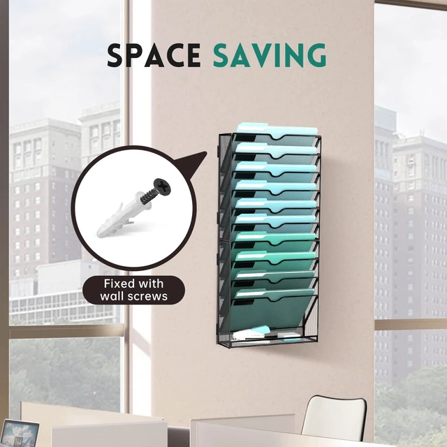 Alt view image 5 of 7 - 11-Tier Wall File Organizer, Wall Mounted Mail Sorter, 2 Pack Metal Mesh Hanging File Organizer with Open Compartments and Label Panels for Papers and Folders at Home, Office or School
