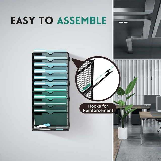 Alt view image 6 of 7 - 11-Tier Wall File Organizer, Wall Mounted Mail Sorter, 2 Pack Metal Mesh Hanging File Organizer with Open Compartments and Label Panels for Papers and Folders at Home, Office or School