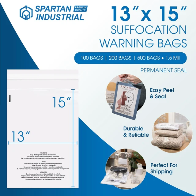 Alt view image 2 of 7 - 13" X 15" (500 Count) Self Seal Clear Poly Bags with Suffocation Warning for Packaging, Clothes - Permanent Adhesive
