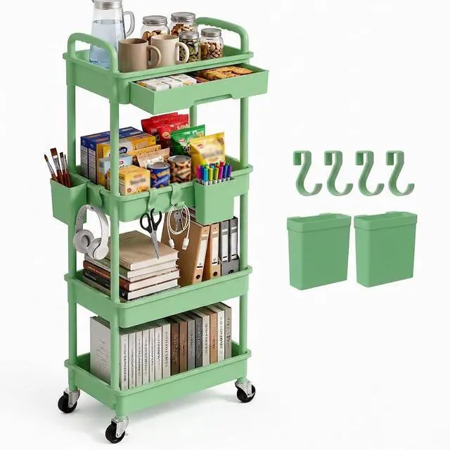Main image of 4 Tier Rolling Utility Cart with Drawer, Plastic Storage Organizer Rolling Carts with Wheels Handles Hanging Cups Hooks for Office, Bathroom, Kitchen,Craft Art Room (Green)