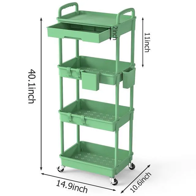 Alt view image 2 of 7 - 4 Tier Rolling Utility Cart with Drawer, Plastic Storage Organizer Rolling Carts with Wheels Handles Hanging Cups Hooks for Office, Bathroom, Kitchen,Craft Art Room (Green)