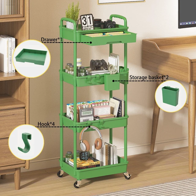 Alt view image 3 of 7 - 4 Tier Rolling Utility Cart with Drawer, Plastic Storage Organizer Rolling Carts with Wheels Handles Hanging Cups Hooks for Office, Bathroom, Kitchen,Craft Art Room (Green)