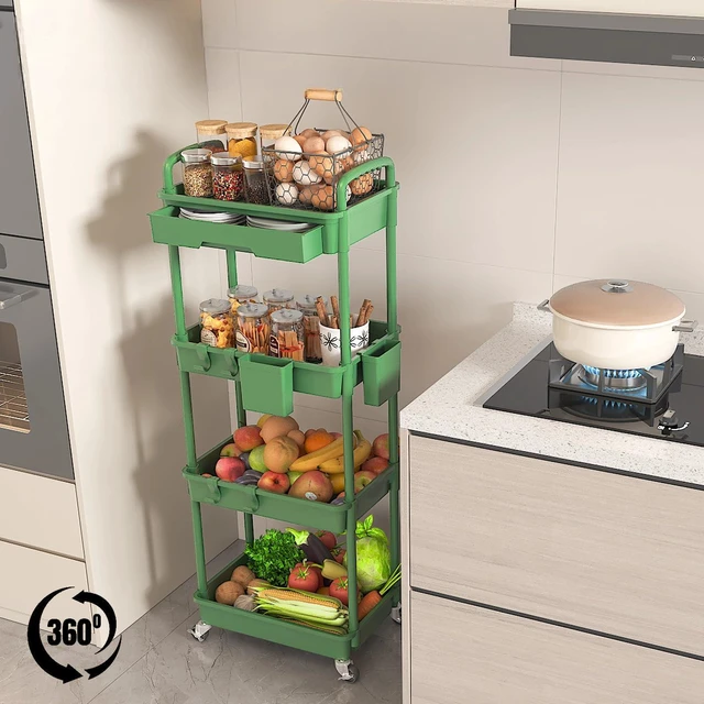 Alt view image 4 of 7 - 4 Tier Rolling Utility Cart with Drawer, Plastic Storage Organizer Rolling Carts with Wheels Handles Hanging Cups Hooks for Office, Bathroom, Kitchen,Craft Art Room (Green)
