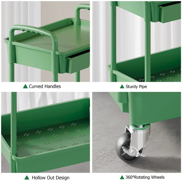 Alt view image 5 of 7 - 3 Tier Rolling Utility Cart with Drawer, Plastic Storage Organizer Rolling Carts with Wheels Handles Hanging Cups Hooks for Office, Bathroom, Kitchen,Craft Art Room (Green)
