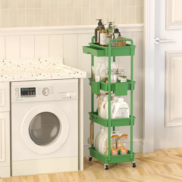 Alt view image 6 of 7 - 4 Tier Rolling Utility Cart with Drawer, Plastic Storage Organizer Rolling Carts with Wheels Handles Hanging Cups Hooks for Office, Bathroom, Kitchen,Craft Art Room (Green)
