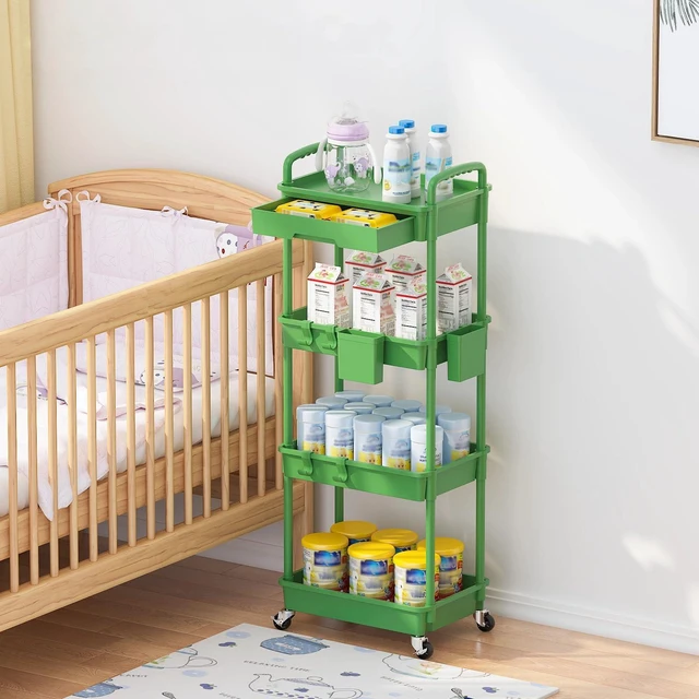 Alt view image 7 of 7 - 4 Tier Rolling Utility Cart with Drawer, Plastic Storage Organizer Rolling Carts with Wheels Handles Hanging Cups Hooks for Office, Bathroom, Kitchen,Craft Art Room (Green)