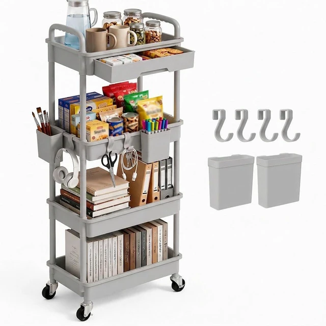 Main image of 4 Tier Rolling Utility Cart with Drawer, Plastic Storage Organizer Rolling Carts with Wheels Handles Hanging Cups Hooks for Office, Bathroom, Kitchen,Craft Art Room (Grey)