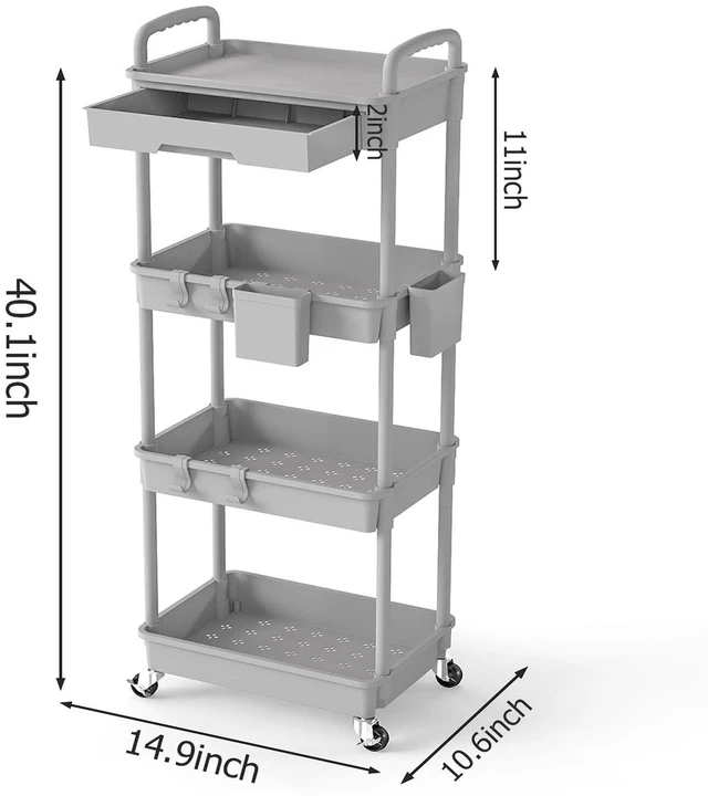 Alt view image 2 of 7 - 4 Tier Rolling Utility Cart with Drawer, Plastic Storage Organizer Rolling Carts with Wheels Handles Hanging Cups Hooks for Office, Bathroom, Kitchen,Craft Art Room (Grey)