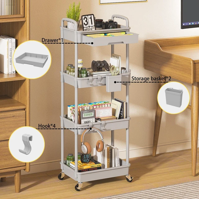 Alt view image 3 of 7 - 4 Tier Rolling Utility Cart with Drawer, Plastic Storage Organizer Rolling Carts with Wheels Handles Hanging Cups Hooks for Office, Bathroom, Kitchen,Craft Art Room (Grey)