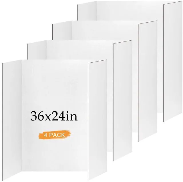Main image of 4 Pack Trifold Poster Board 36" x 24", White Science Fair Display Boards Thickened Corrugated Cardboard, Portable, Ideal for School Projects and Event Displays